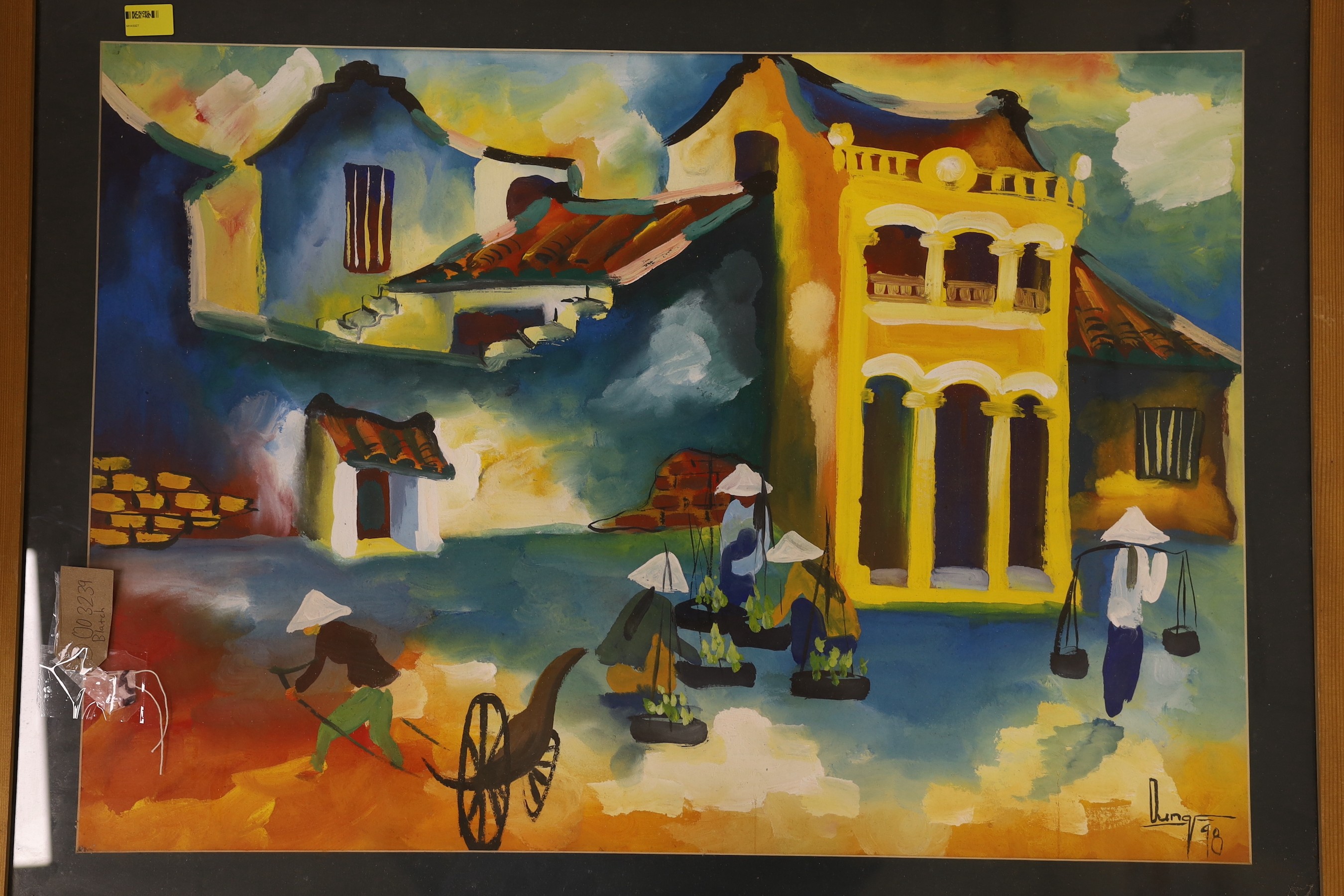 Vietnamese School, pair of oils on card, Village scenes, signed 'Dung' and dated '78, 54 x 77cm